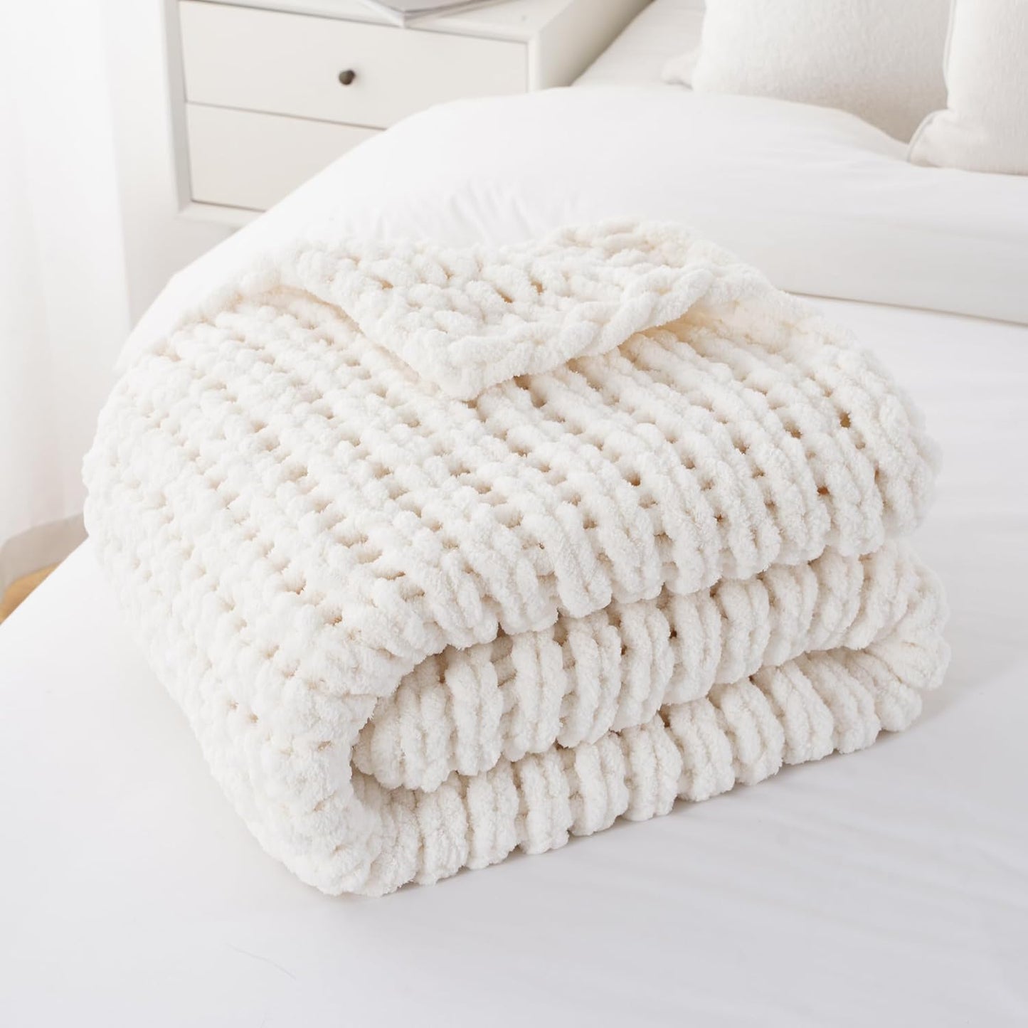 Battilo Cream Chunky Knit Throw Blanket for Cozy Home Decor