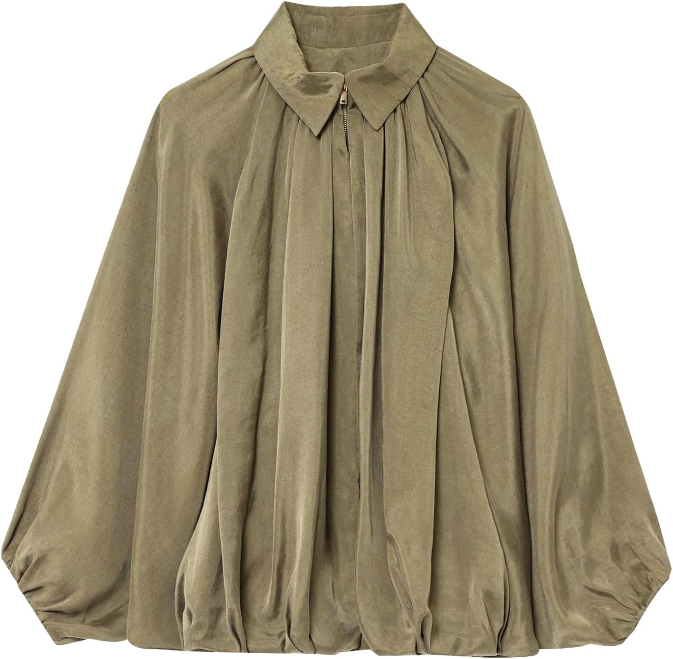 Womens Puffed Bomber Jacket with Batwing Sleeve and Zip Closure