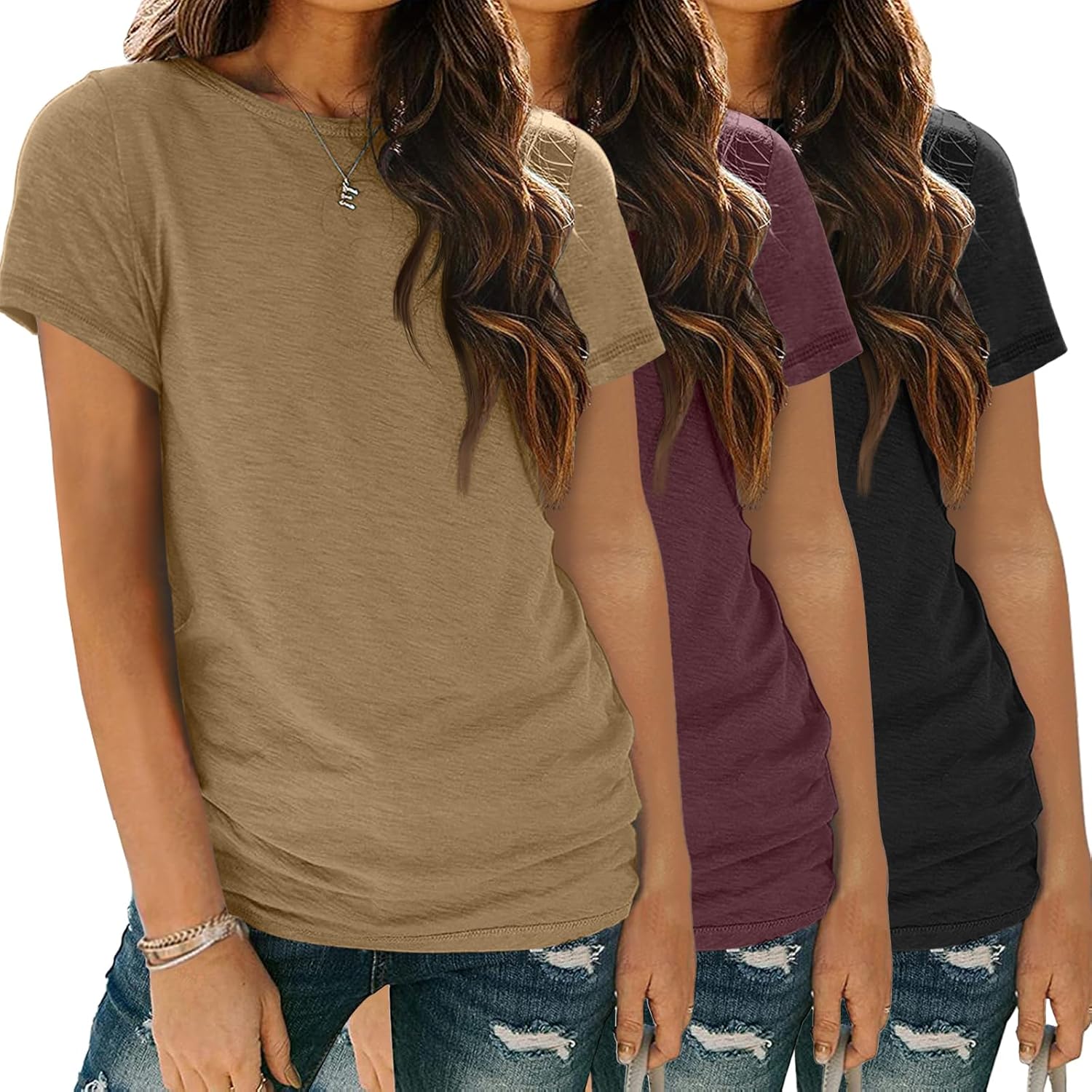 Womens 3 Pack T-Shirts Short Sleeve Summer Tops for Casual Wear