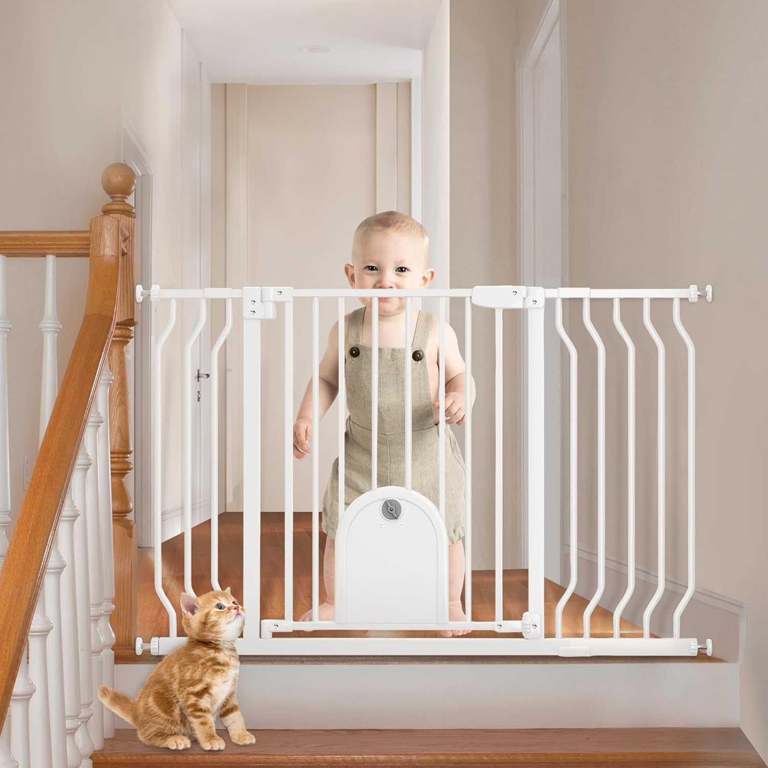 Auto-Close Baby Gate with Cat Door - Safe & Secure Pet Access