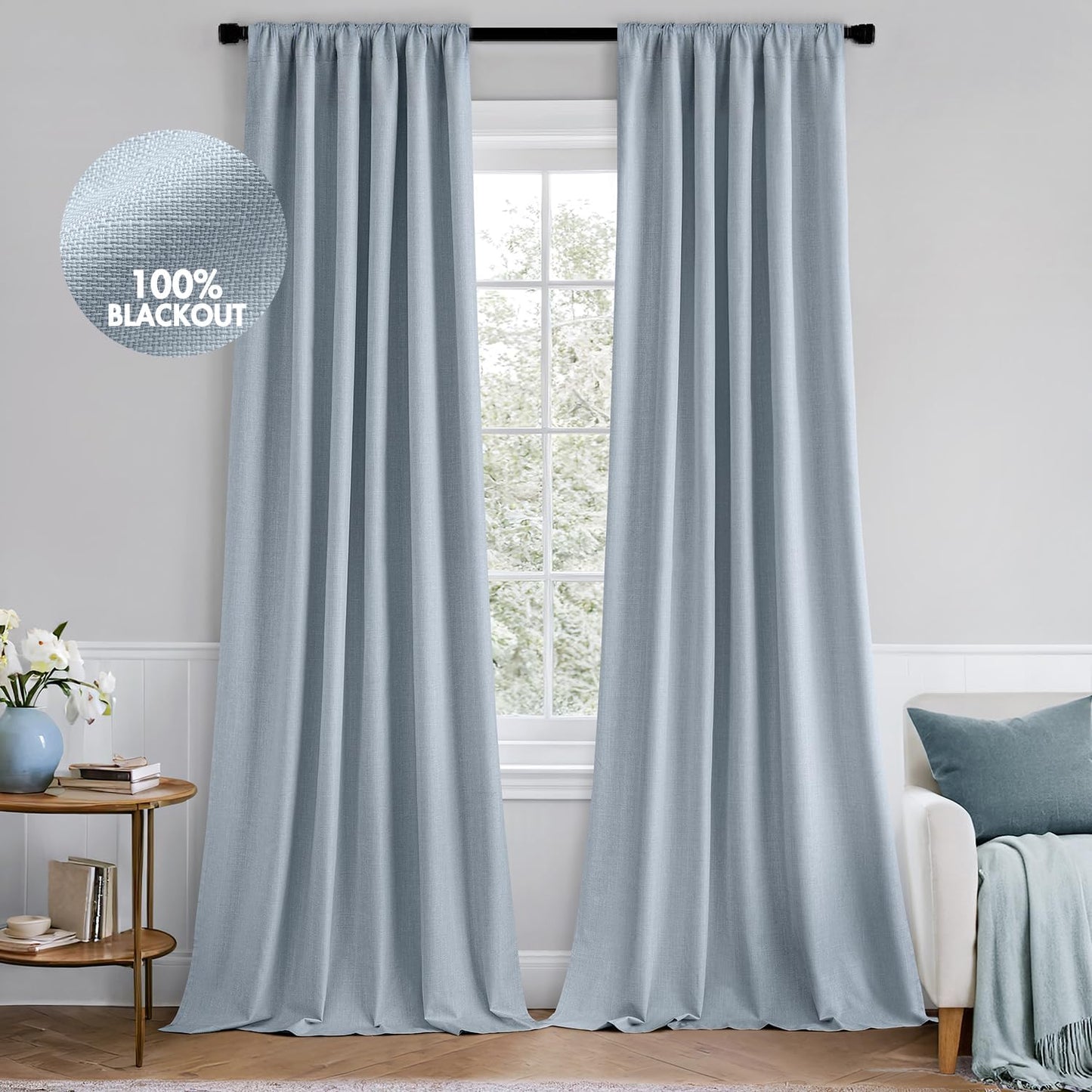 MIULEE 100% Blackout Curtains for Bedroom, Chambray Blue
