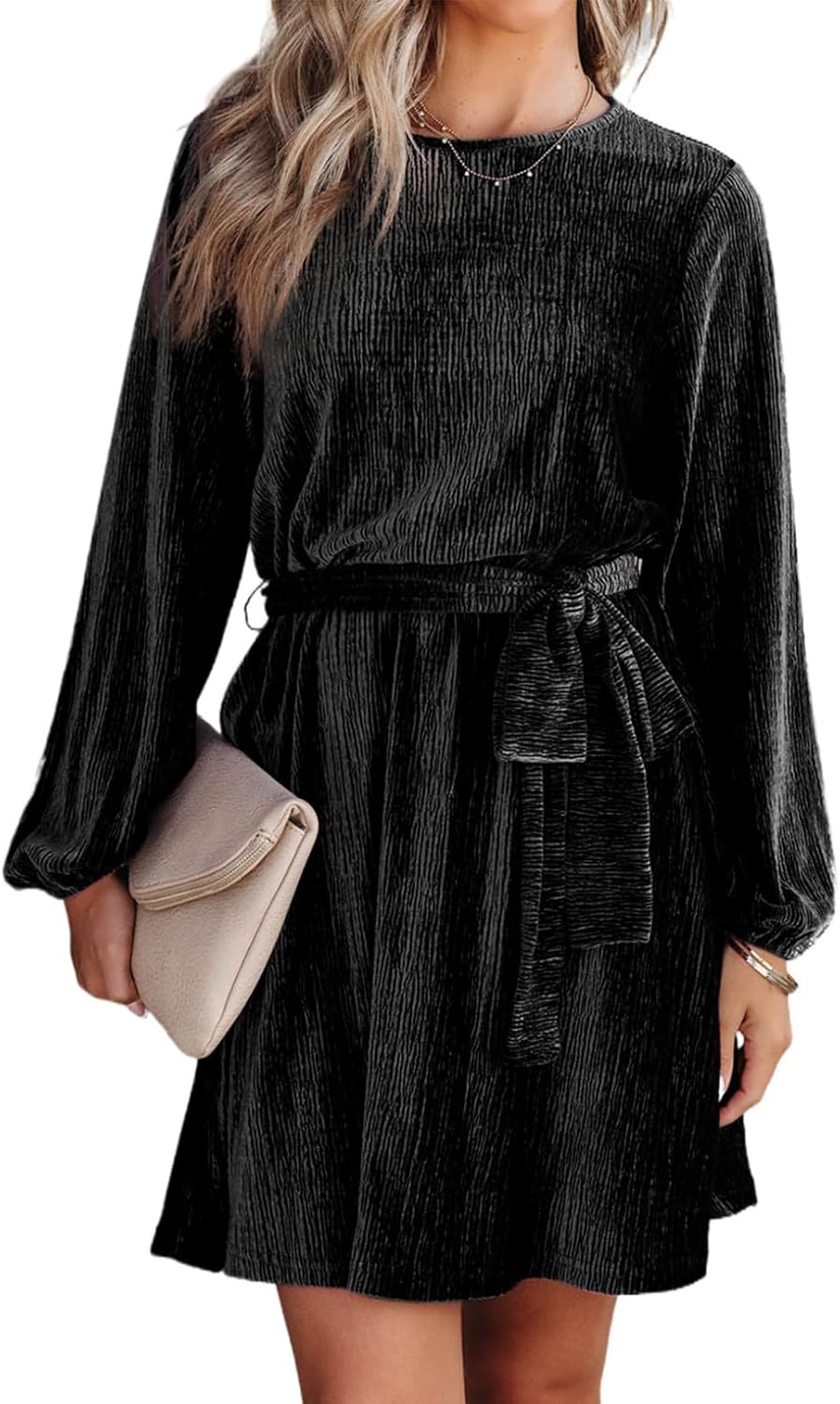 Stylish Velvet Dress for Women with Lantern Sleeves and Belt