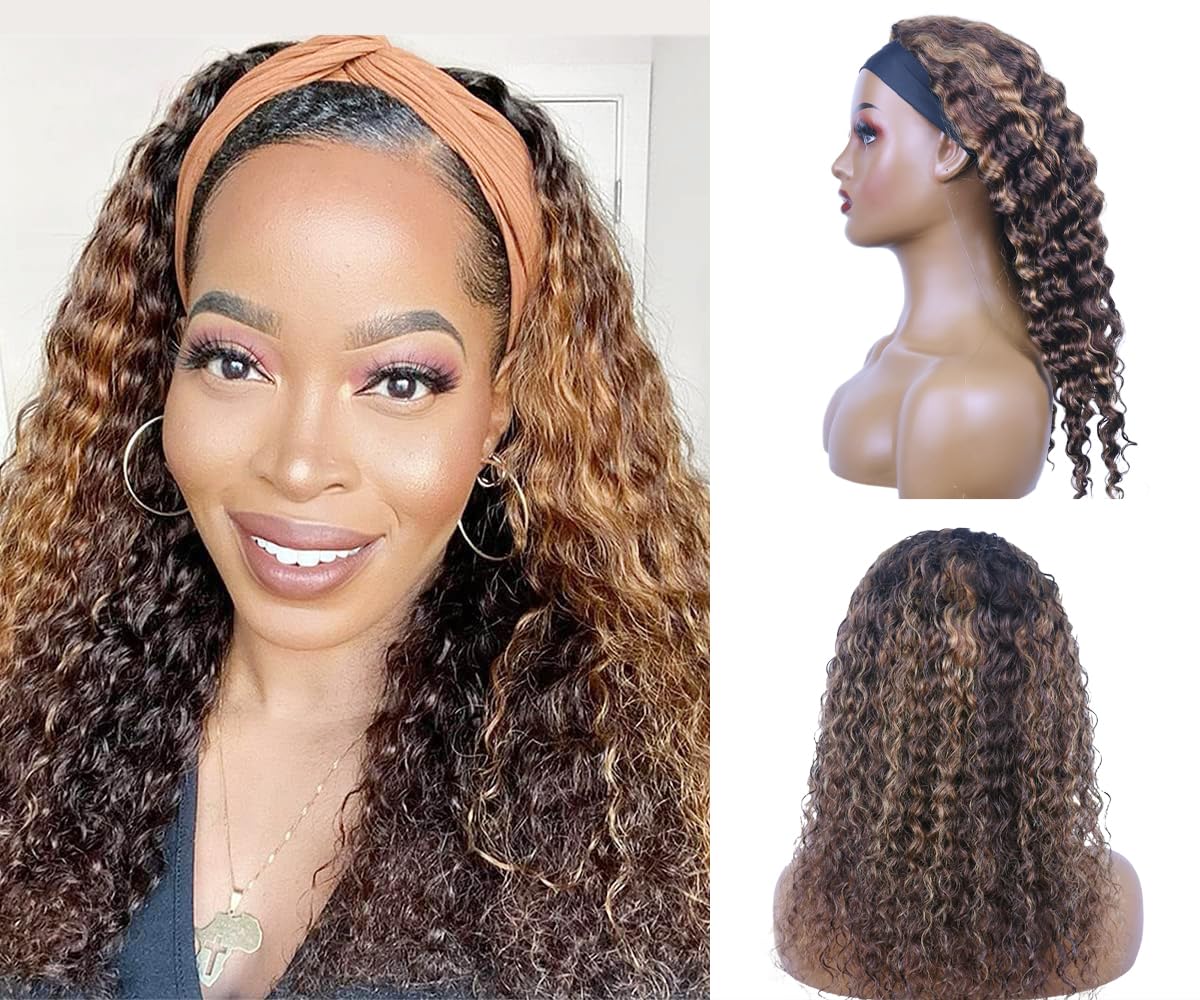 Omber Headband Wig Human Hair Deep Wave for Black Women
