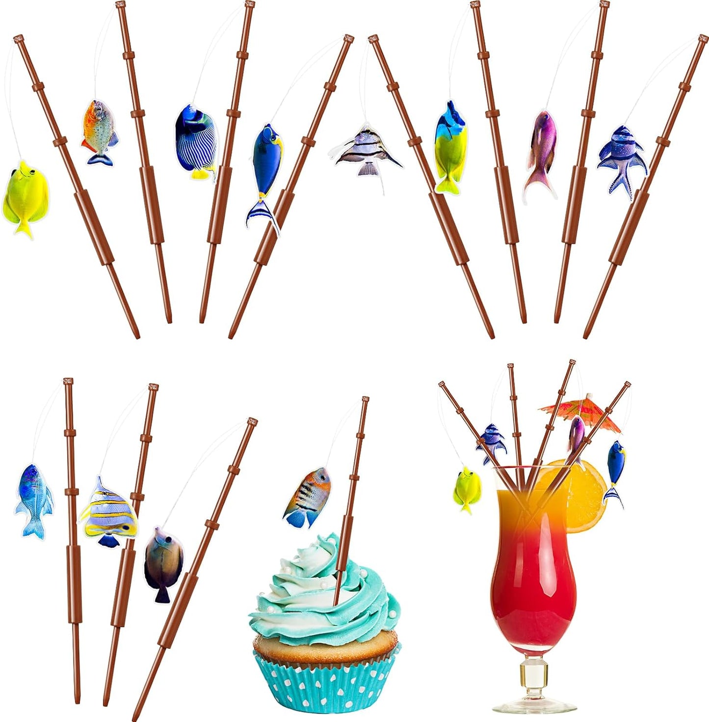 Mini Fish Pole Cake Toppers - Fishing Party Decor
