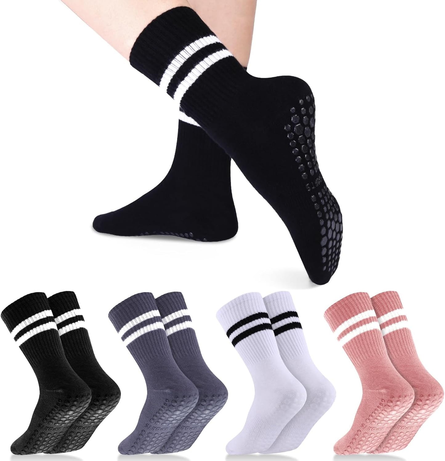 Non-Slip Pilates Crew Socks - 4 Pairs