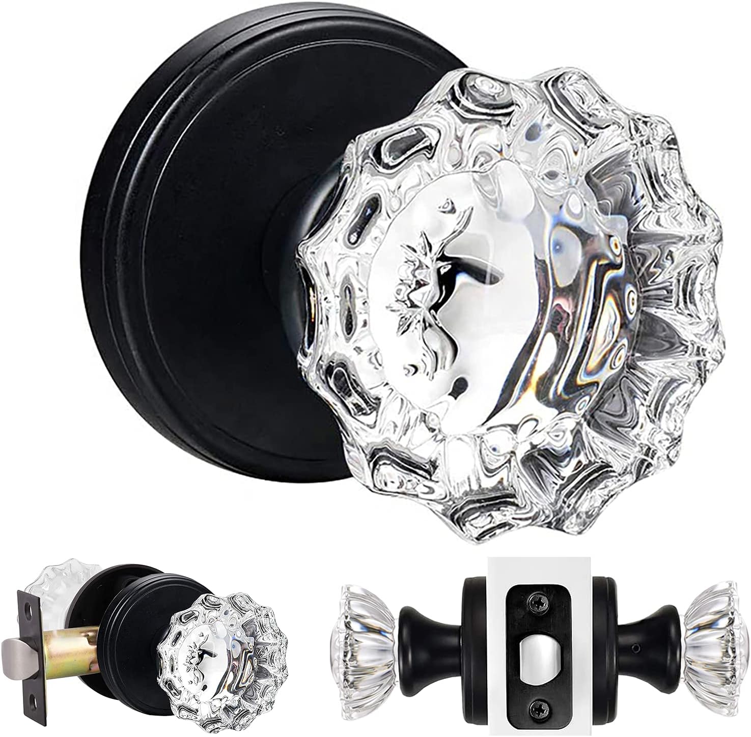 Crystal Door Knobs Interior for Hall and Closet - Matte Black
