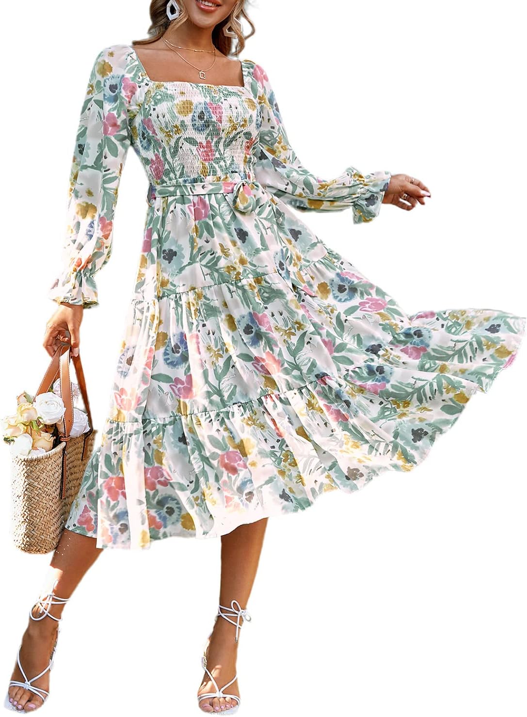 Amegoya Women's Boho Flowy Long Sleeve Midi Dress for Weddings