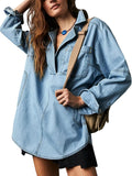 Women's Denim Pullover Button V Neck Blouse - Casual Loose Fit