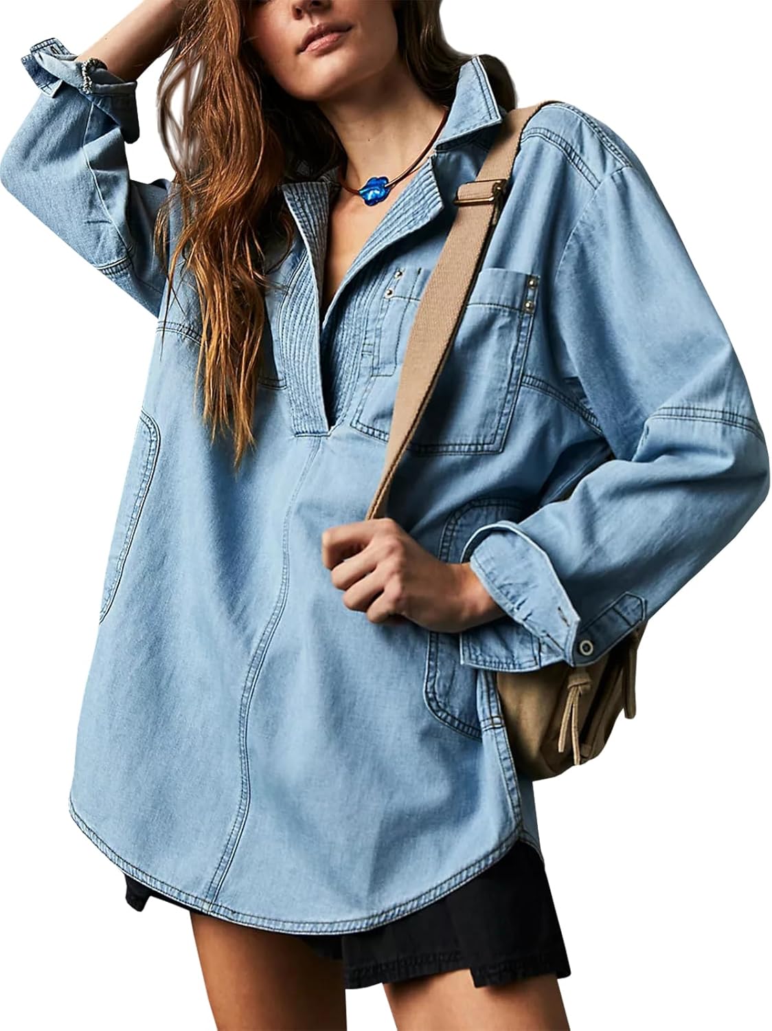Fazortev Women's Denim Pullover Casual Button V Neck Blouse