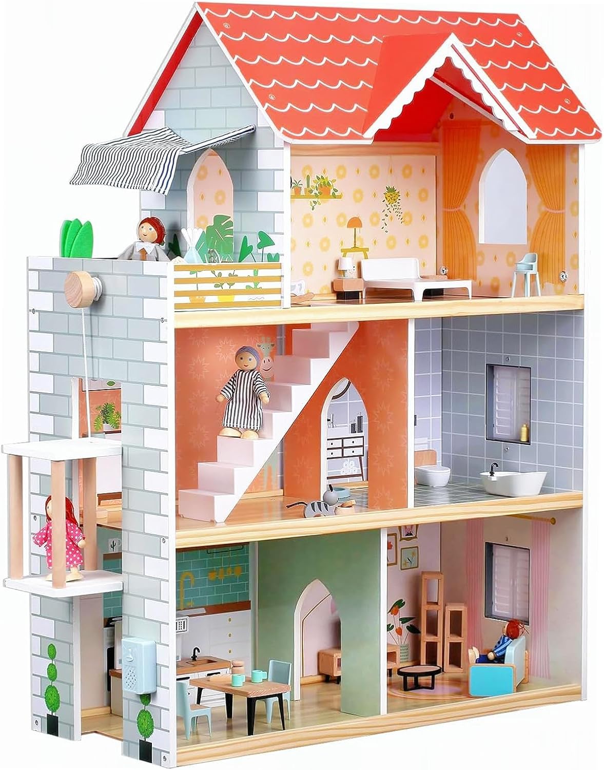 Giant bean Red Roof Wooden Dollhouse with Furniture Set for Girls