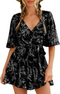 Womens Floral Tie Waist Romper with Ruffle Hem - Summer Dress Look