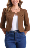 Denim Jacket for Women Collarless 3/4 Sleeve Crop Jean Jacket
