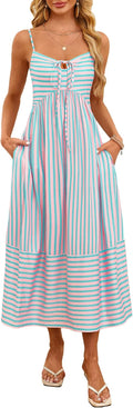 Fashionme Womens Summer Maxi Dress Striped Boho Tie Back - Flattering