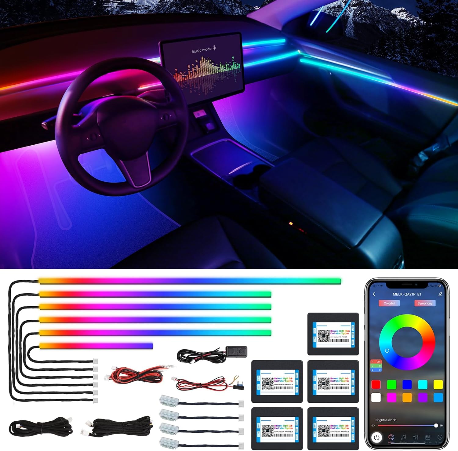 Acrylic Interior Car LED Strip Light with Wireless APP Control
