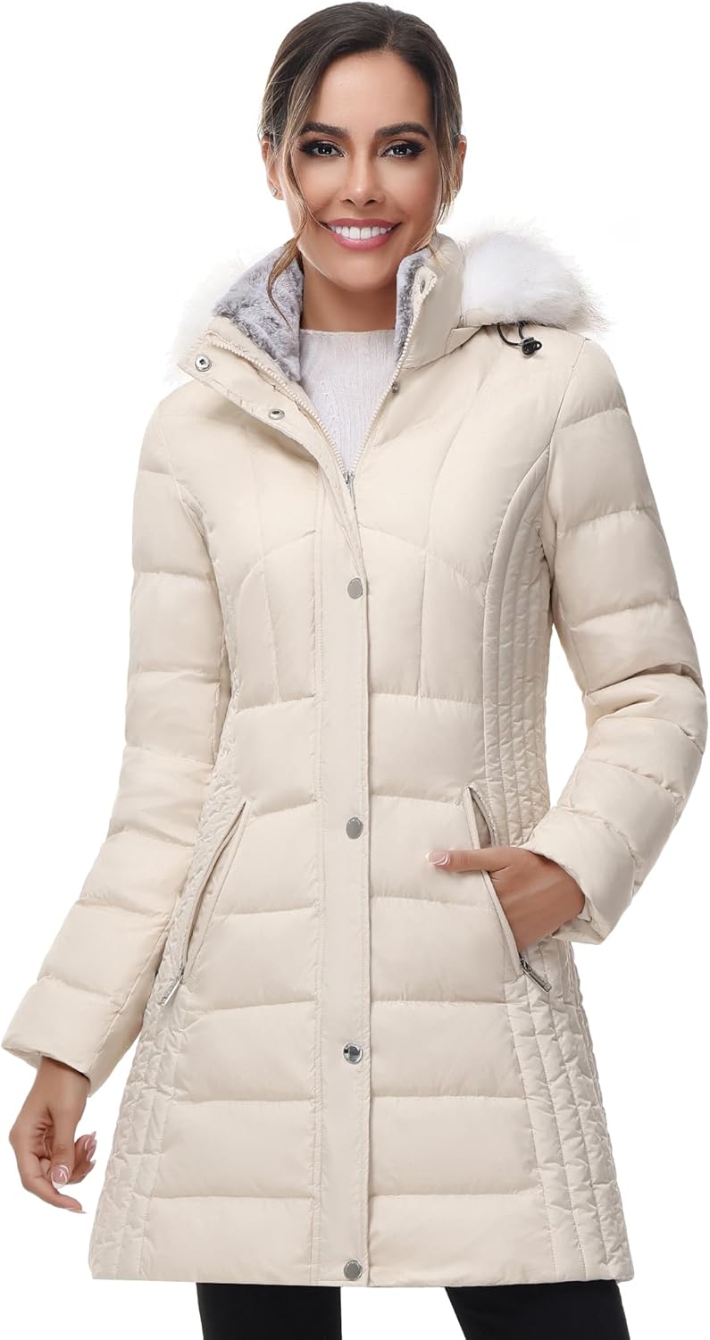 SLOW DOWN Women Winter Down Puffer Coat with Faux Fur Trim