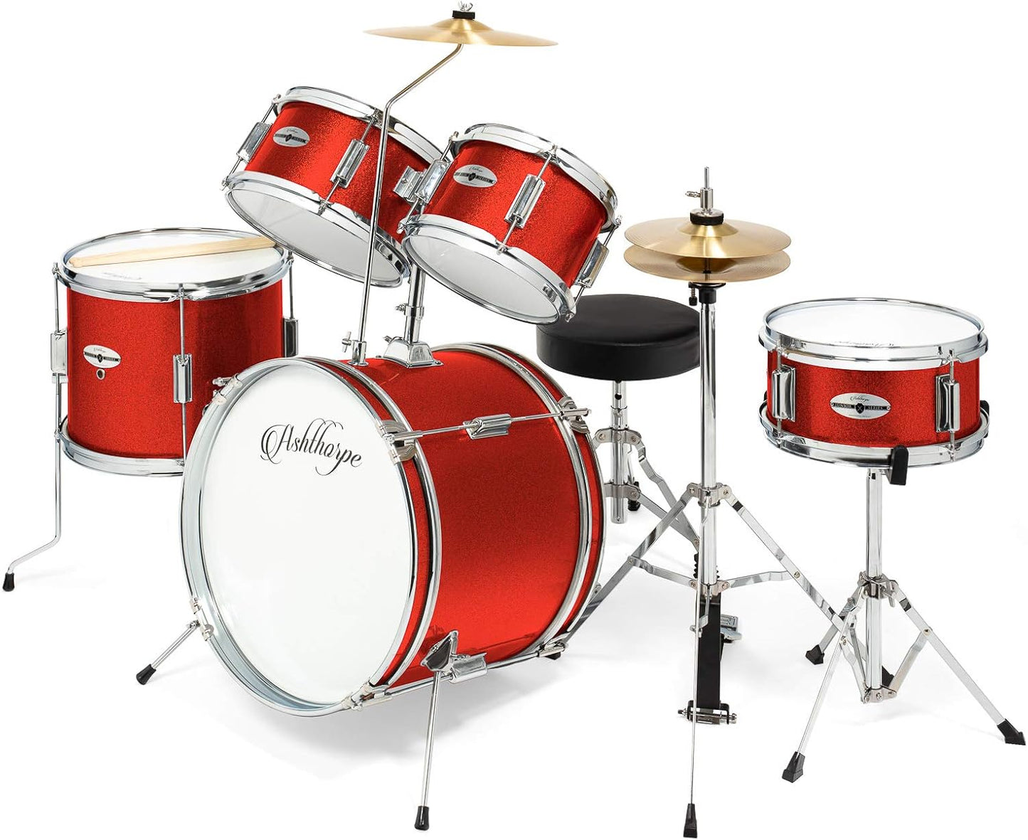Ashthorpe Junior Drum Set with Brass Cymbals for Beginners