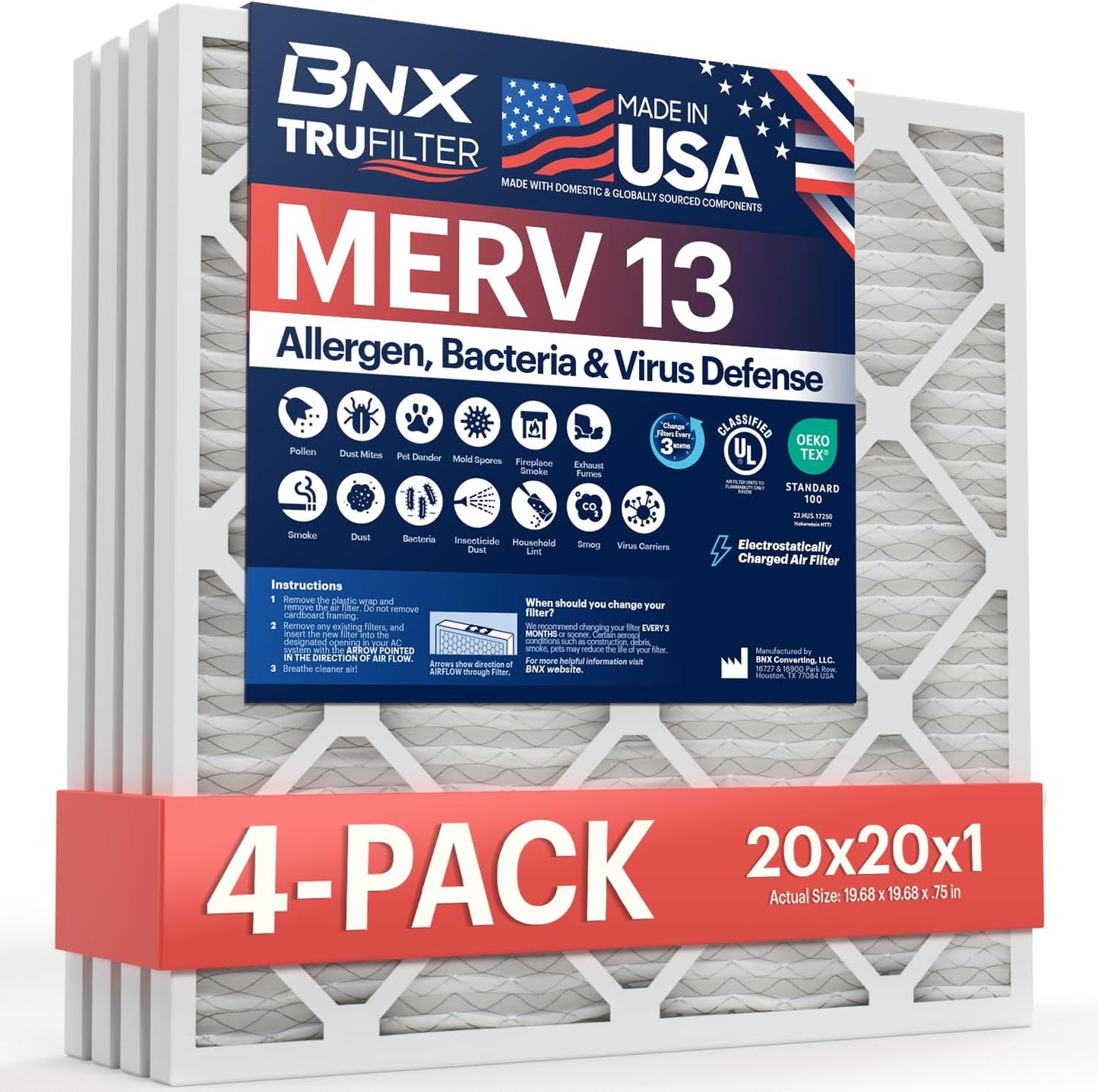 BNX TruFilter 20x20x1 MERV 13 4-Pack - MADE IN USA - Removes Pollutants