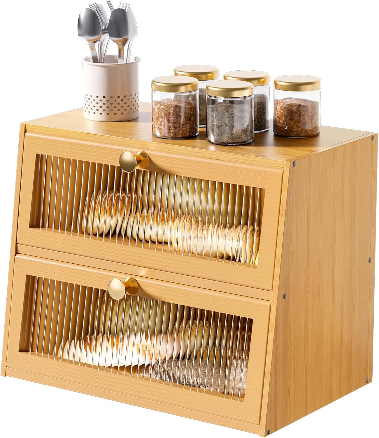 Large Double Layer Bamboo Bread Box for Kitchen Countertop