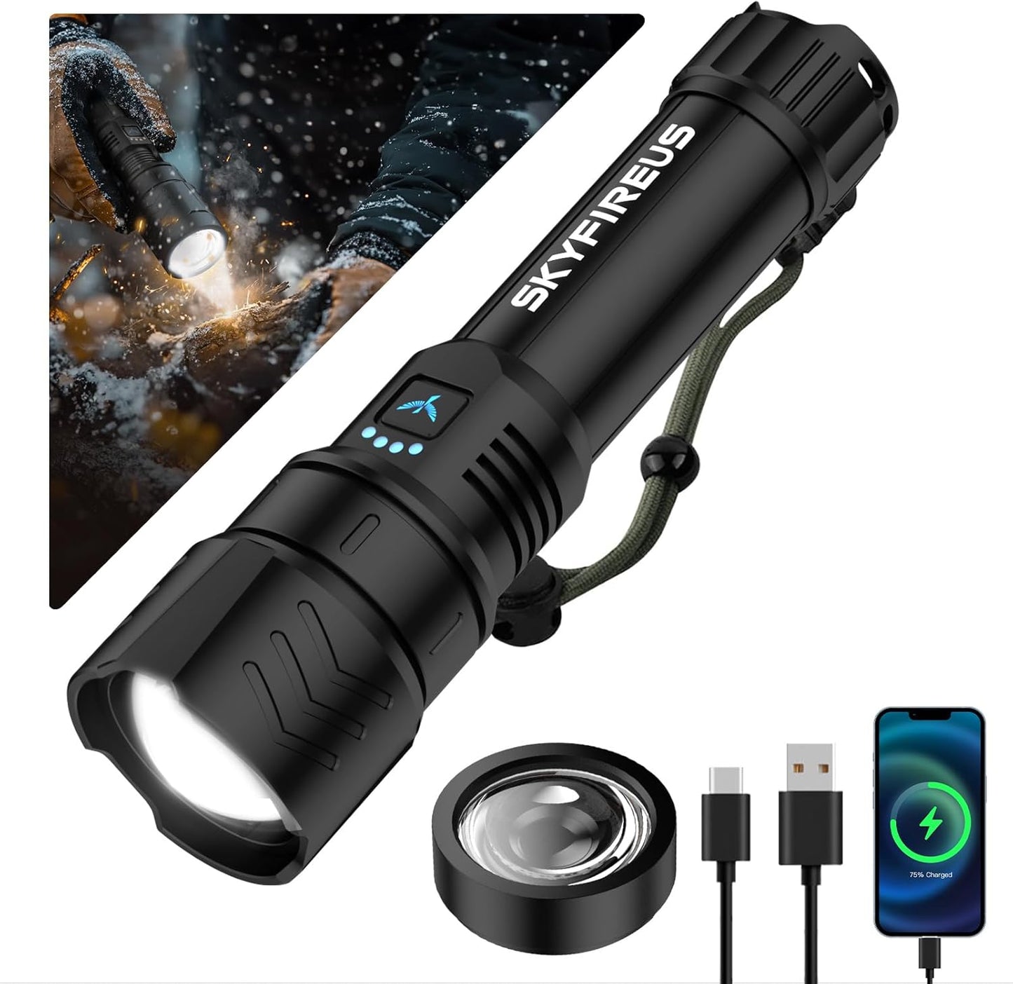 SKYFIRE LED Flashlight 1500000 Lumens Rechargeable Waterproof