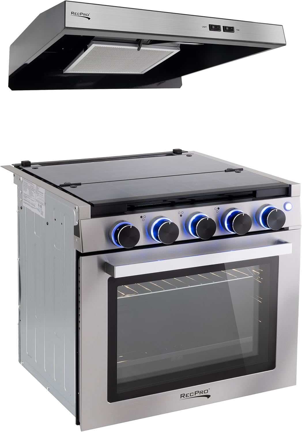RecPro RV Stove with 3 Burners and Optional Vented Range Hood