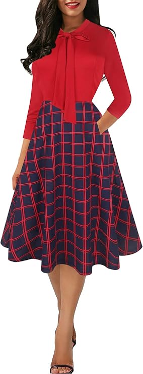 Oxiuly Women's Vintage Bow Tie V-Neck Casual A-line Dress
