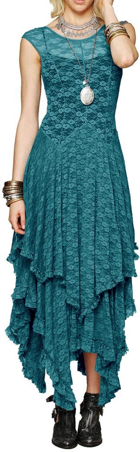 R.Vivimos Womens Sleeveless Backless Asymmetrical Lace Dress