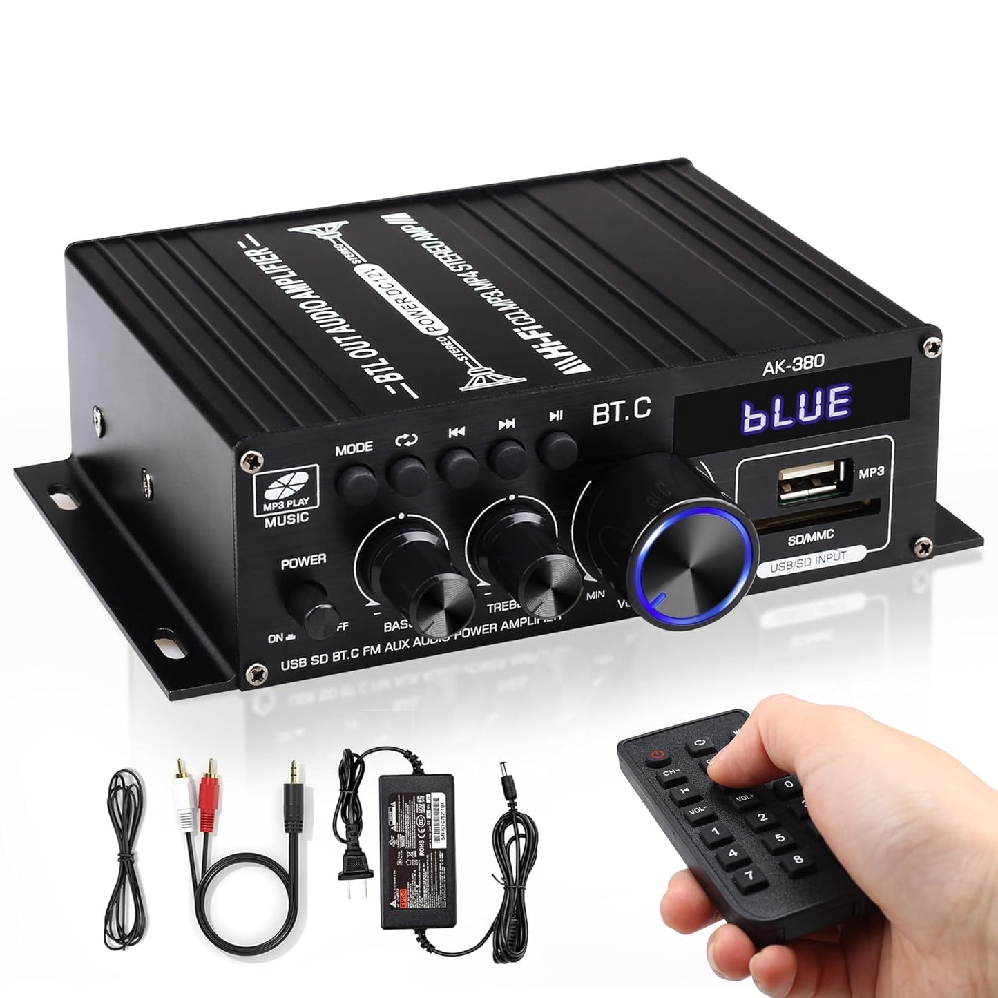 AK-380 Bluetooth Amp: Remote Control, Multiple Inputs, FM Radio