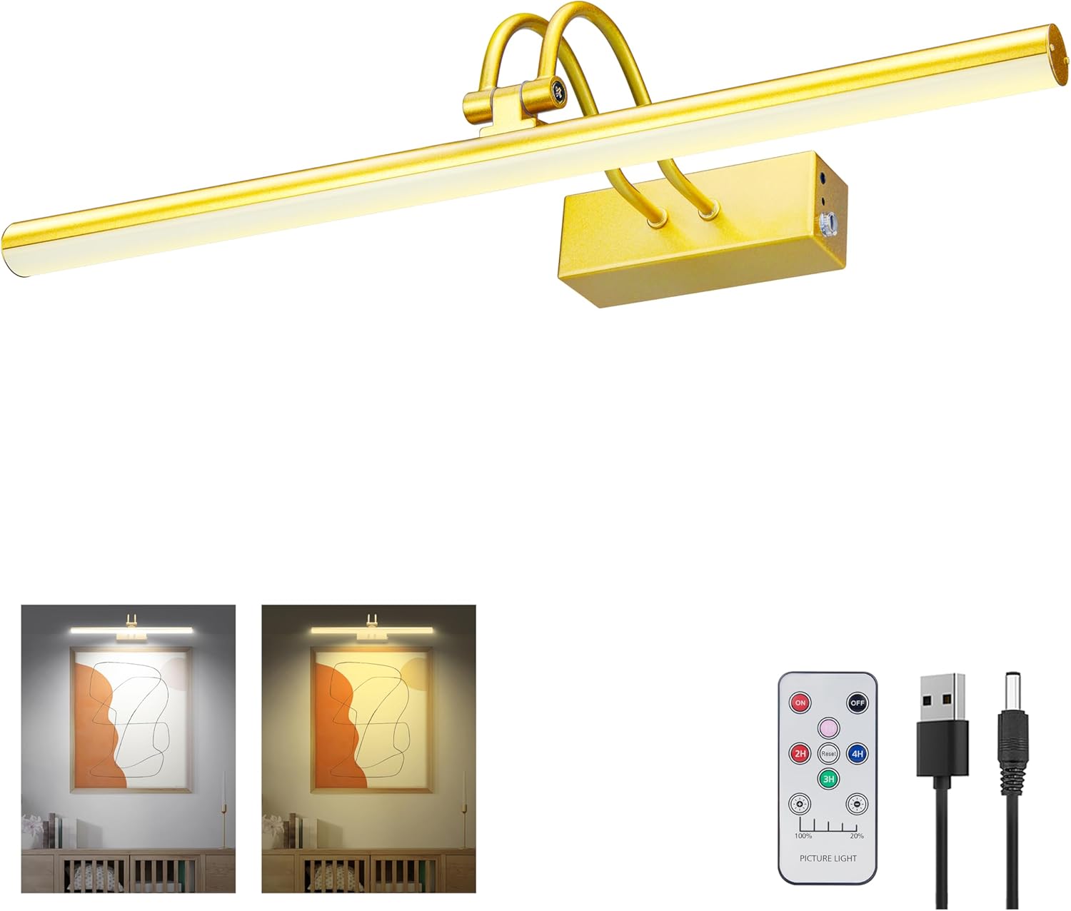 20in Brass Picture Light with Remote Control for Art Display