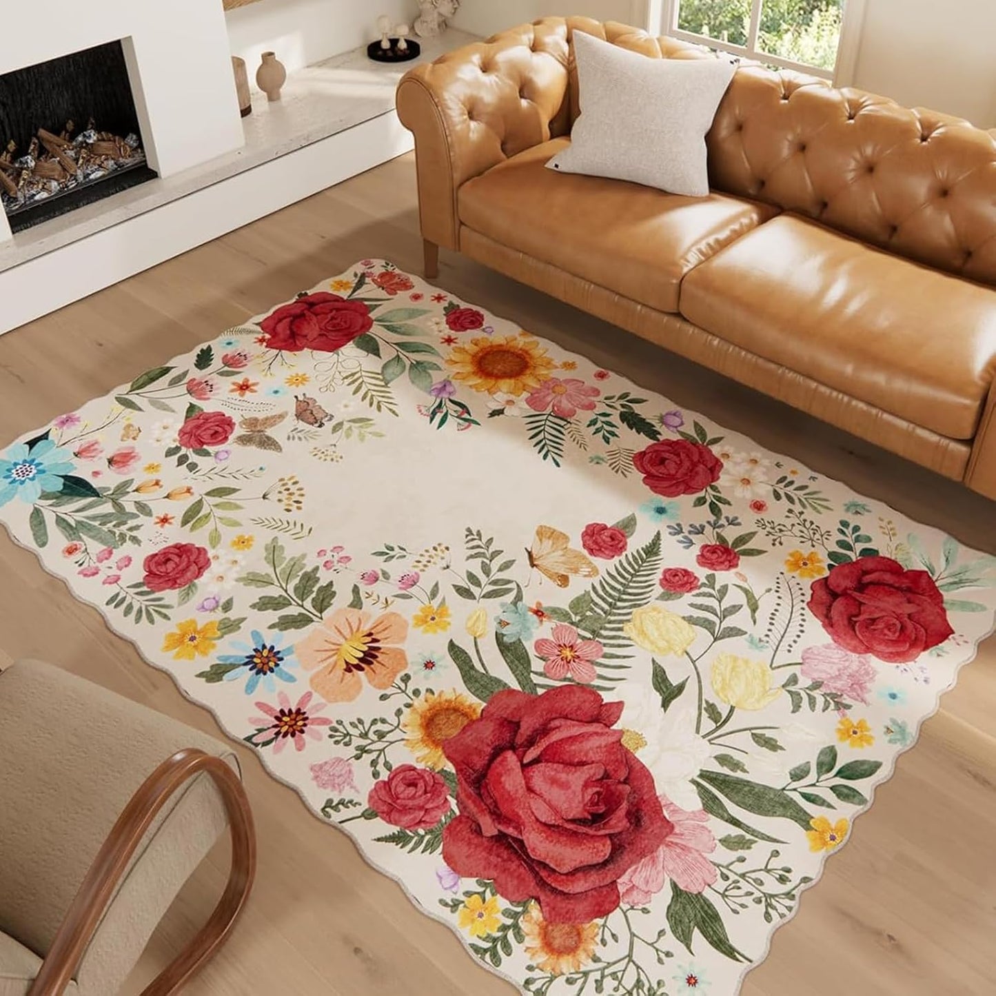 Washable Floral Area Rugs for Living Room, 5ftx7ft Beige Soft