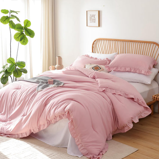 Baby Pink King Comforter Set with Ruffles for Cozy Bedrooms