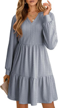 Long Sleeve V Neck Textured Babydoll Dress - Flattering Fall Mini