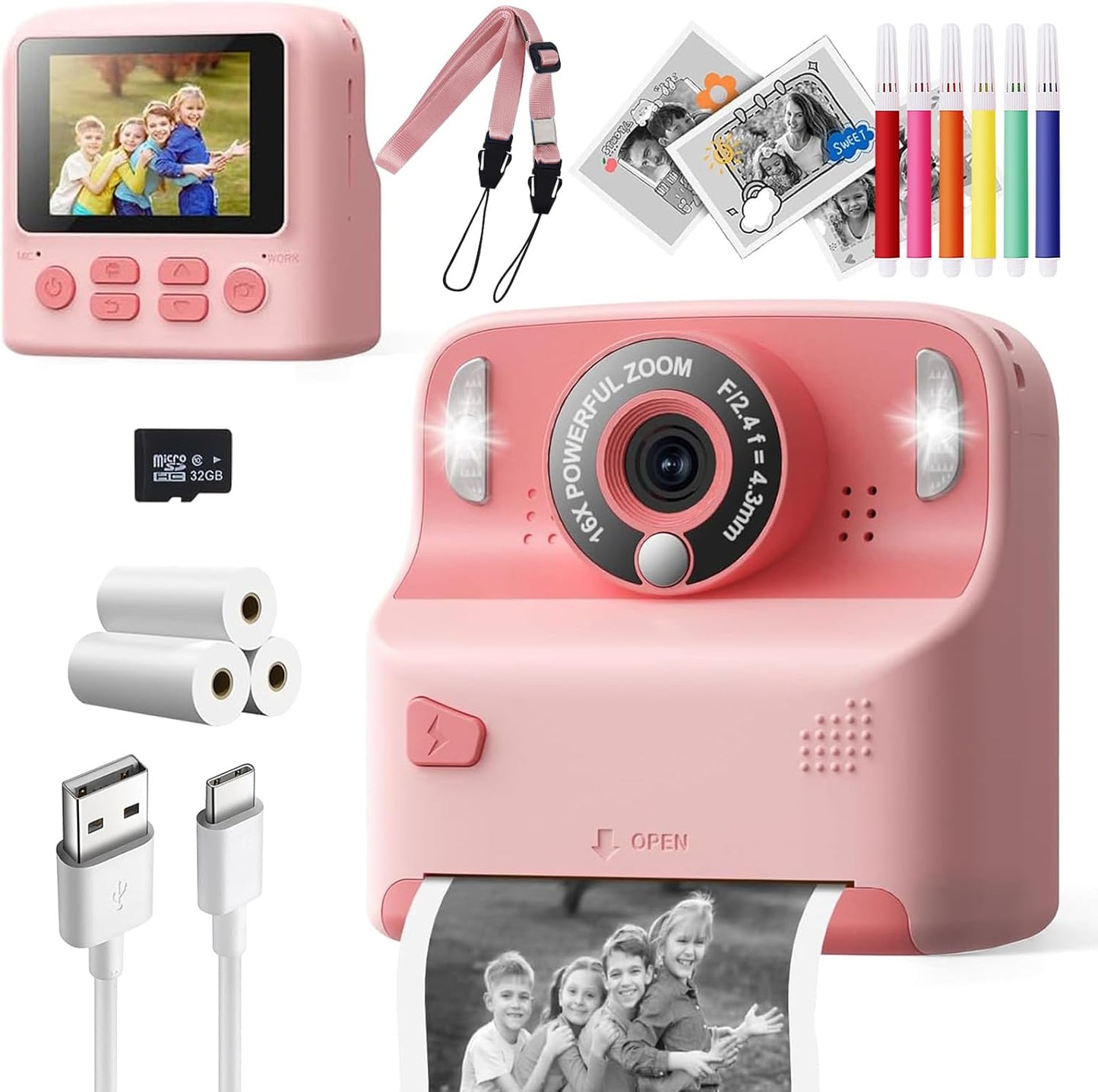 Instant Print Kids Camera | HD Video Recorder, Timer, 2 Print Modes | 32GB SD Card