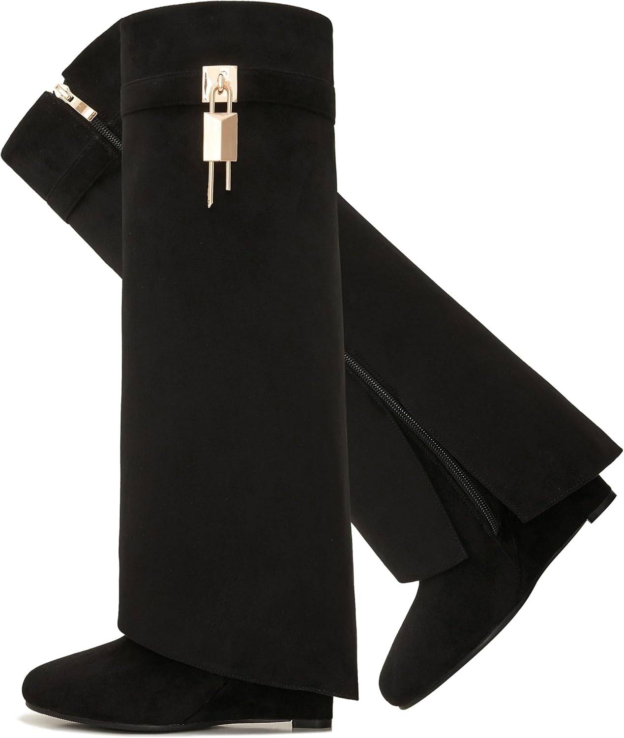 Fold Over Boots for Women with Pointy Pull-on Wedge Heel Design