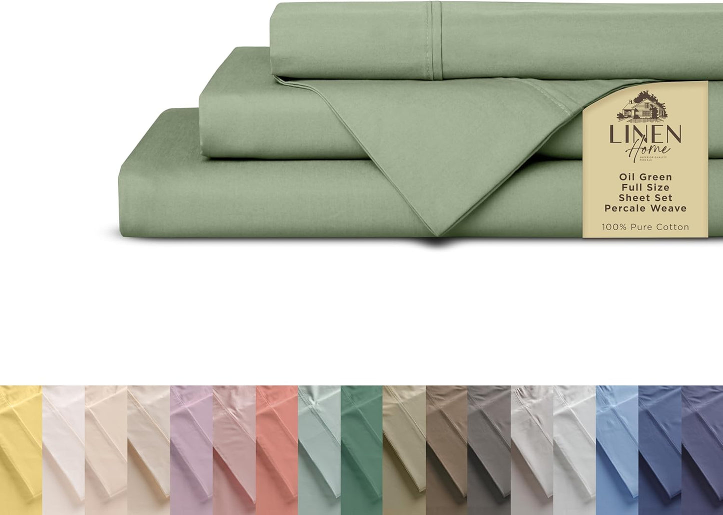 100% Cotton Percale Sheets Full Size Set in Oil Green Color
