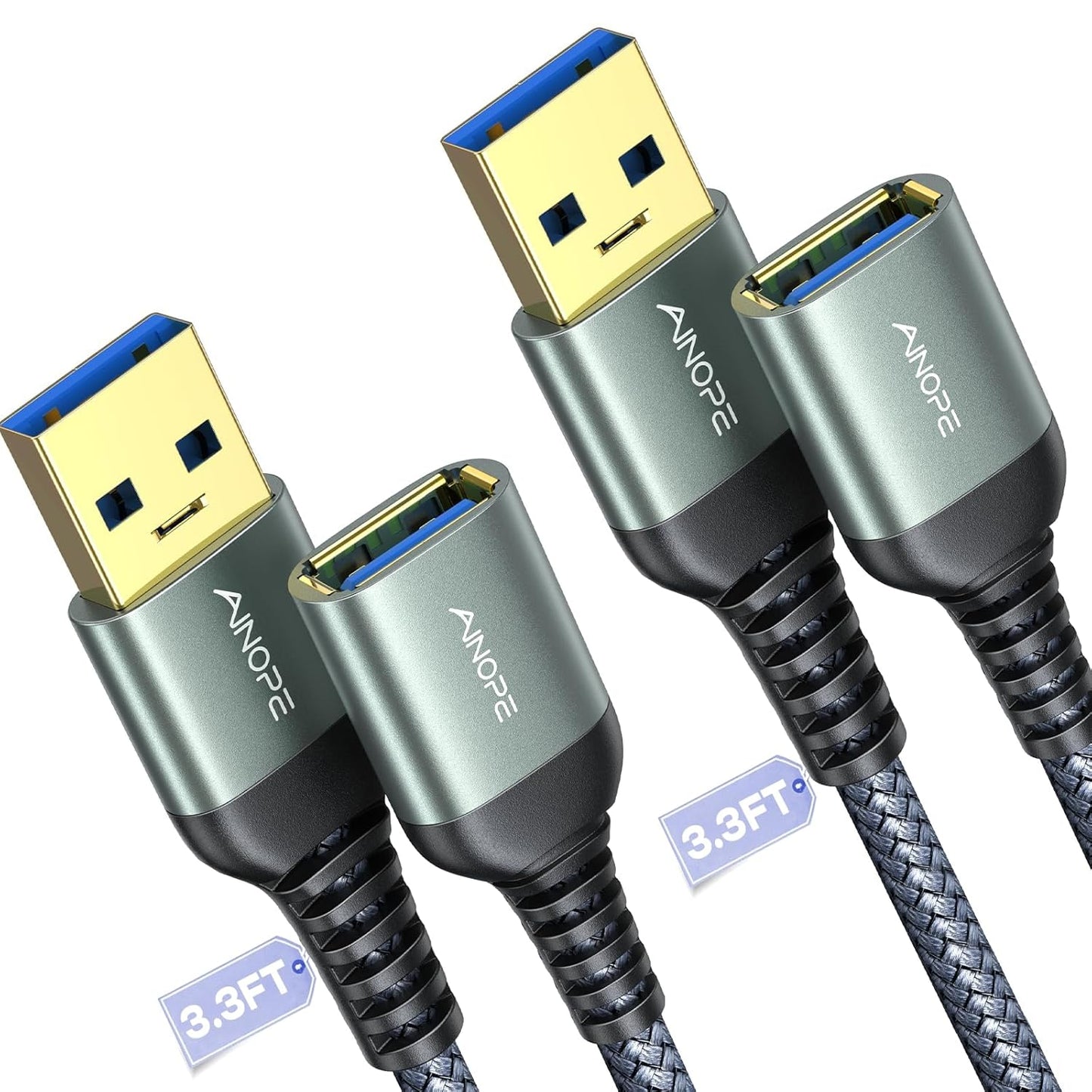High Speed USB Extension Cables x2 - Fast Data Transfer, Sturdy Braided, 3.3FT - AINOPE