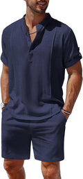 COOFANDY Men's 2 Piece Linen Set Henley Shirt and Shorts - Lightweight