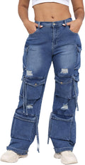 Women's High Waist Baggy Jeans Flap Pocket Cargo Pants - Streetwear