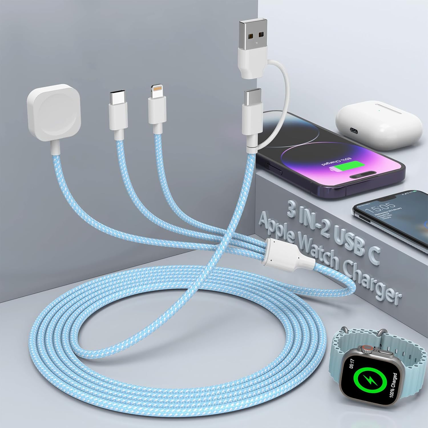 Fast Charging Cable for Apple Watch & iPhone - 3-in-1 Multifunctional Travel Cable