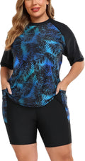 Halcurt Women's Plus Built-in Bra Rash Guard Two-Piece Swim Set