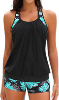 Two Piece Tankini Bathing Suit T-Back Blouson Top with Boy Shorts Sets