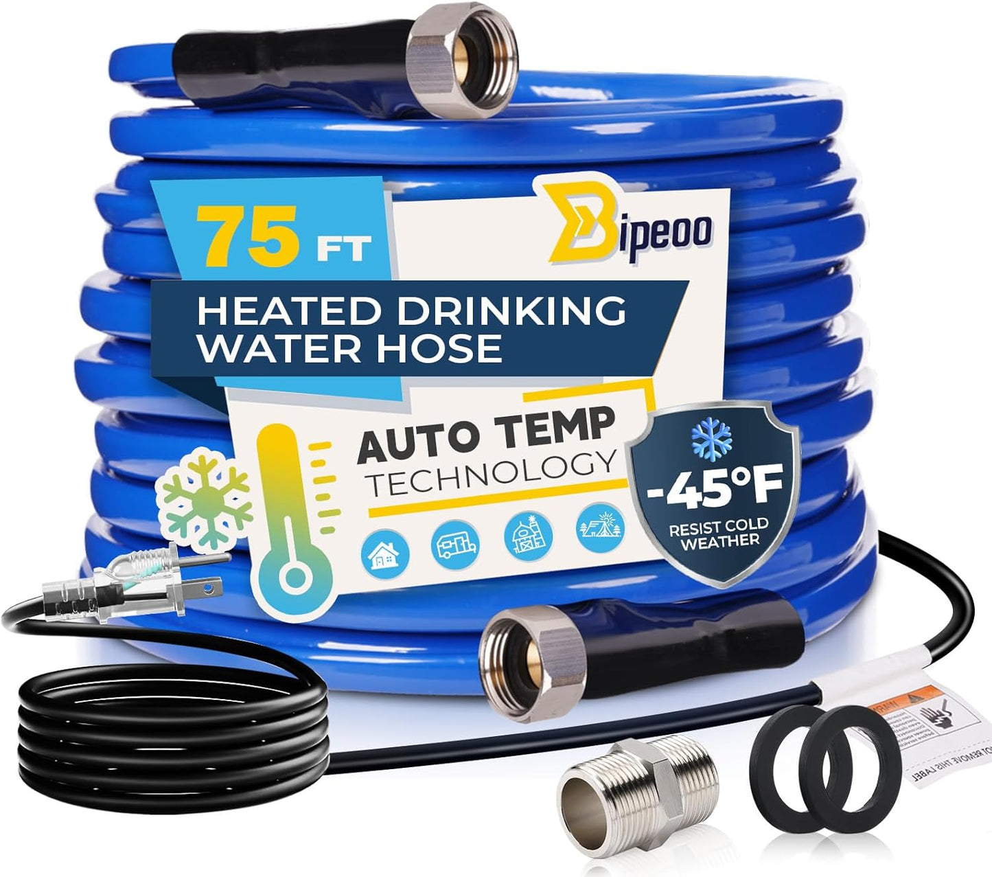 75FT Heated Water Hose for RV - Antifreeze to -45F, BPA Free