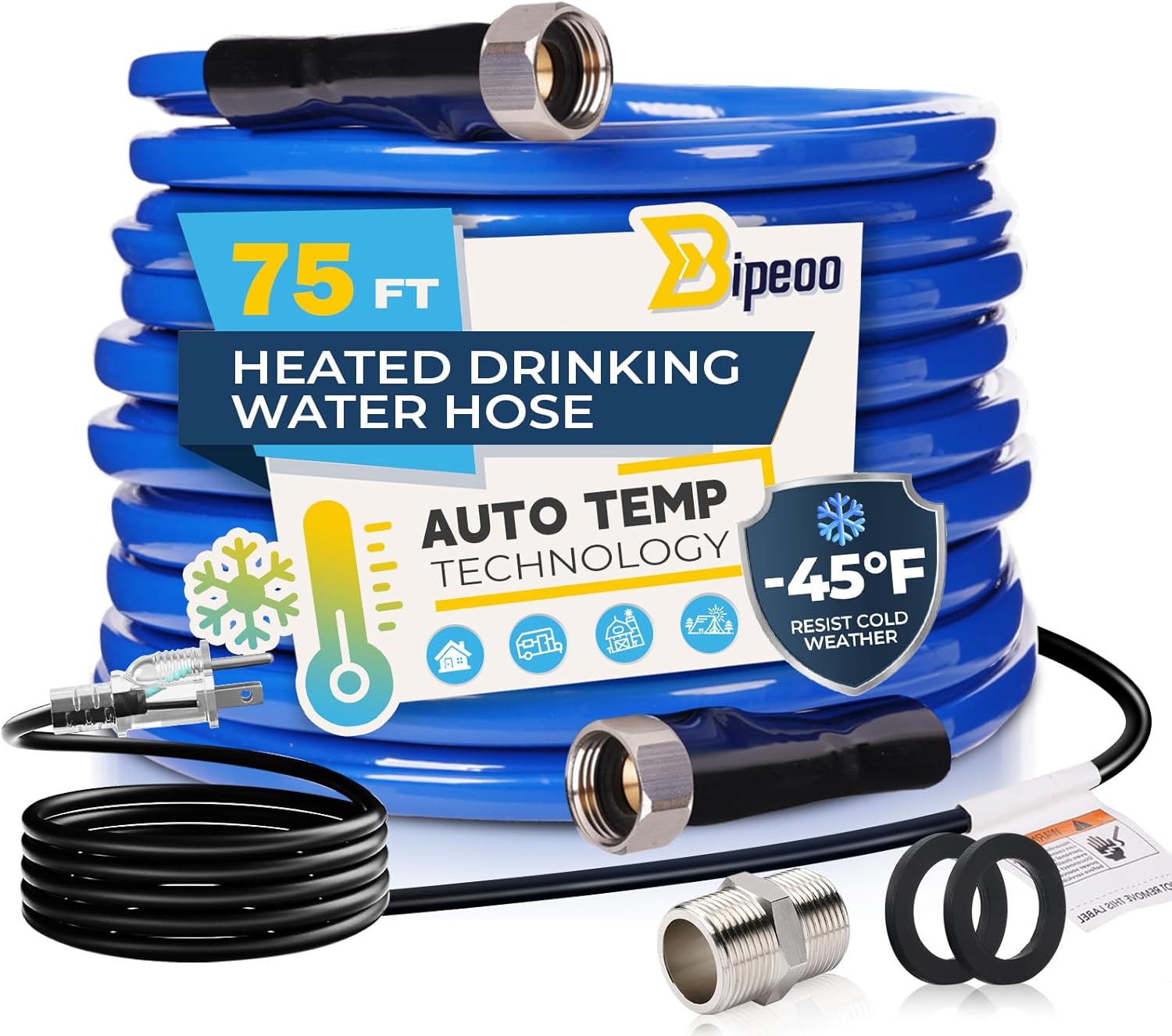 75FT Heated Water Hose for RV - Antifreeze to -45F, BPA Free