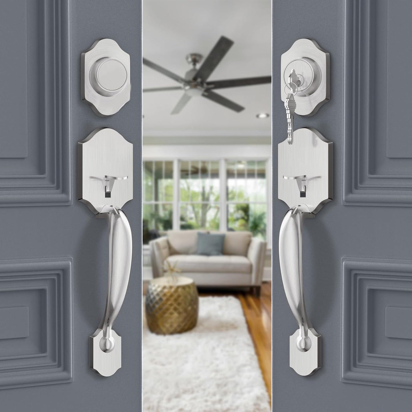 Brushed Nickel Double Front Door Lock Set for Classic Style