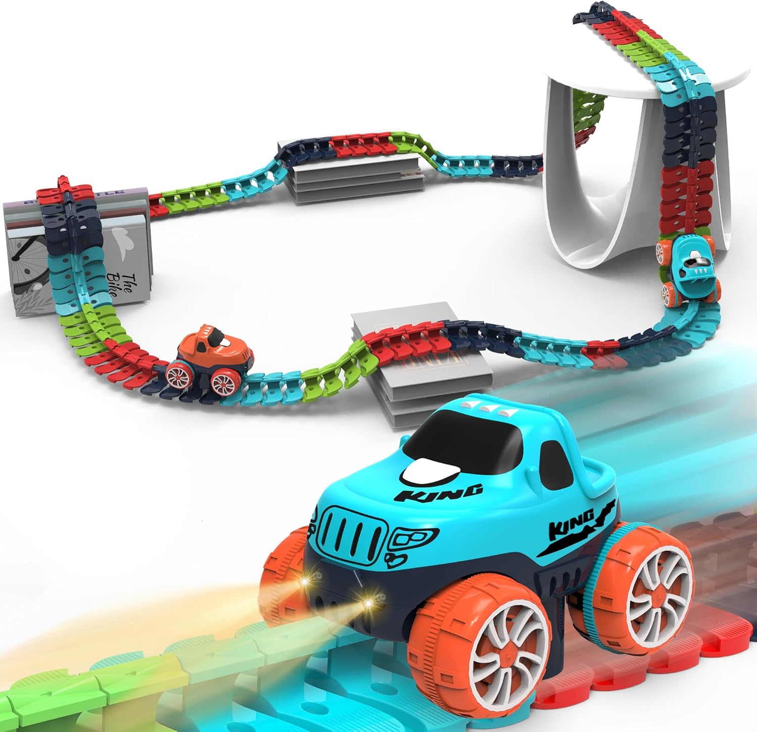 Race Track Toy for Kids with LED Light-Up Car and 184pcs