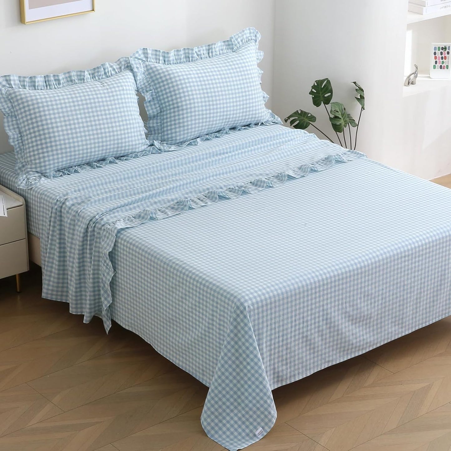 Light Blue White Plaid Ruffle Gingham Sheets Full Size Set