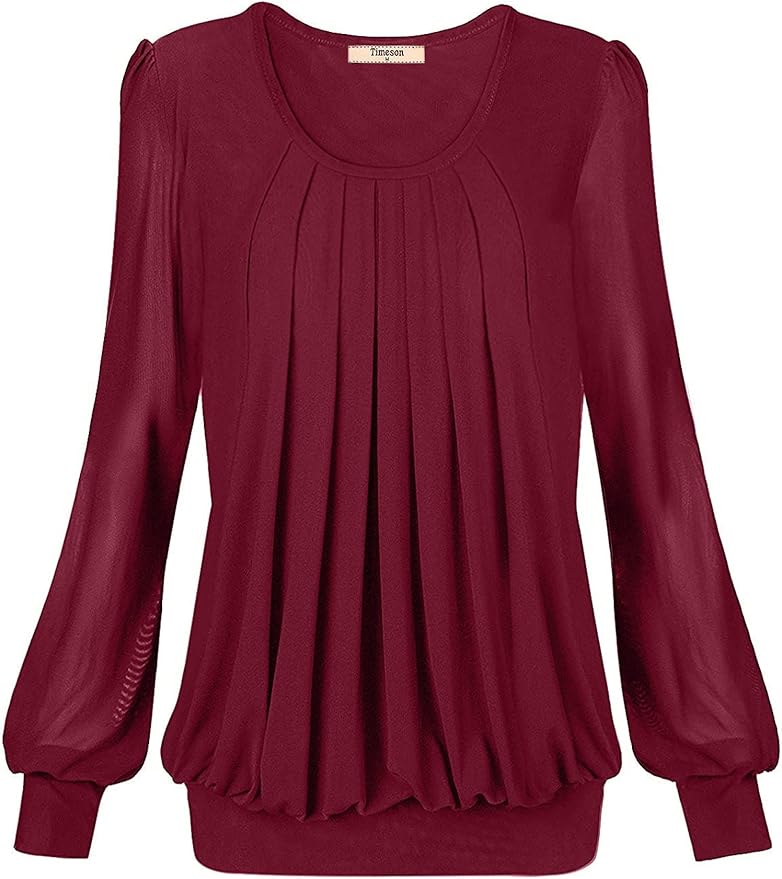 Timeson Women's Long Sleeve Scoop Neck Pleated Blouse Tops Review