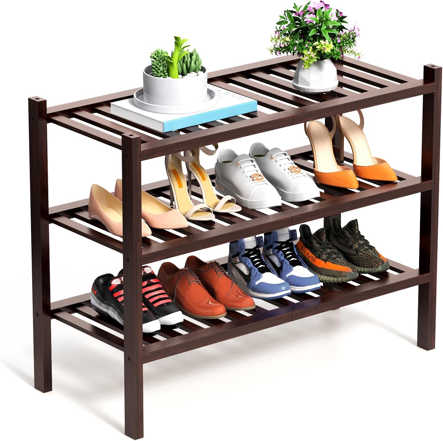 3 Tier Bamboo Shoe Rack for Closet - Stackable Wooden Organizer