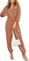 Women's Long Sleeve V Neck Jumpsuit - Belted Dressy Romper