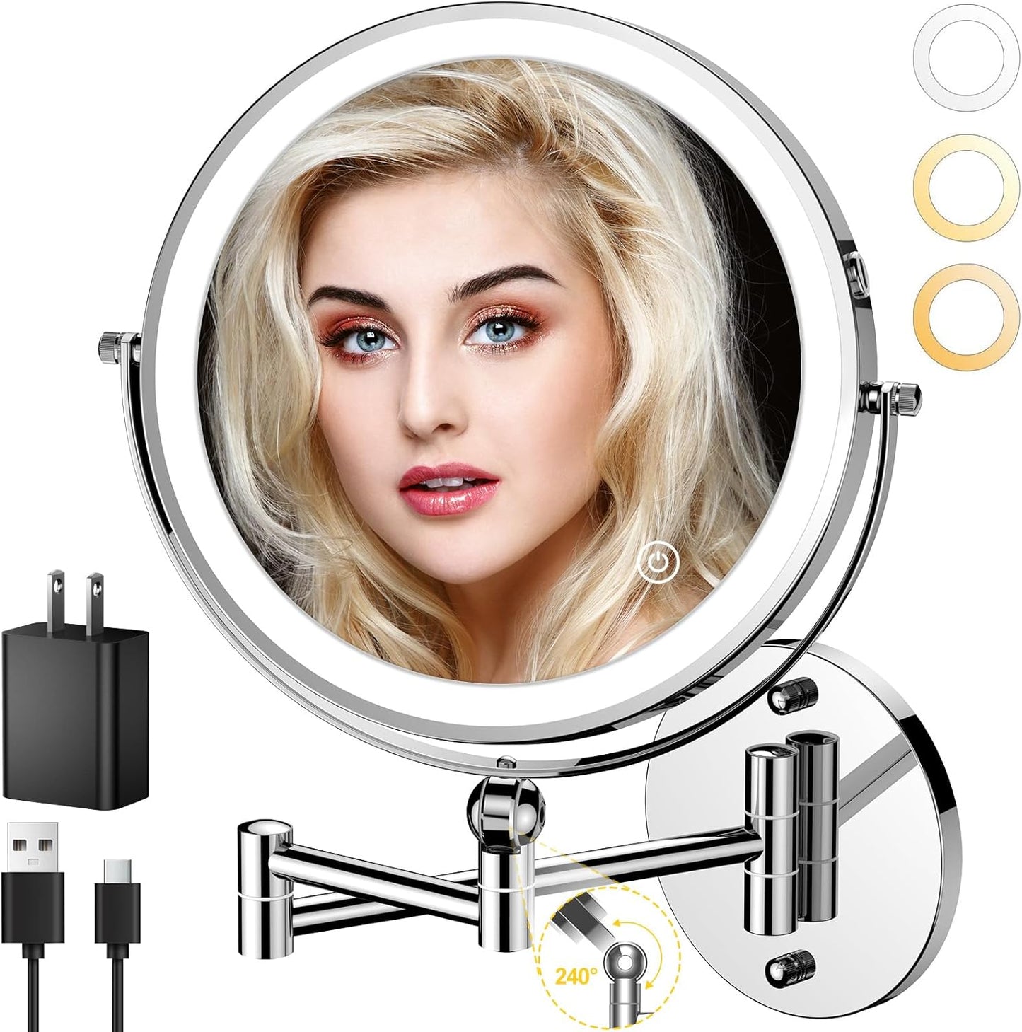 9in Wall Mounted Lighted Makeup Mirror with 360 Rotation Arm
