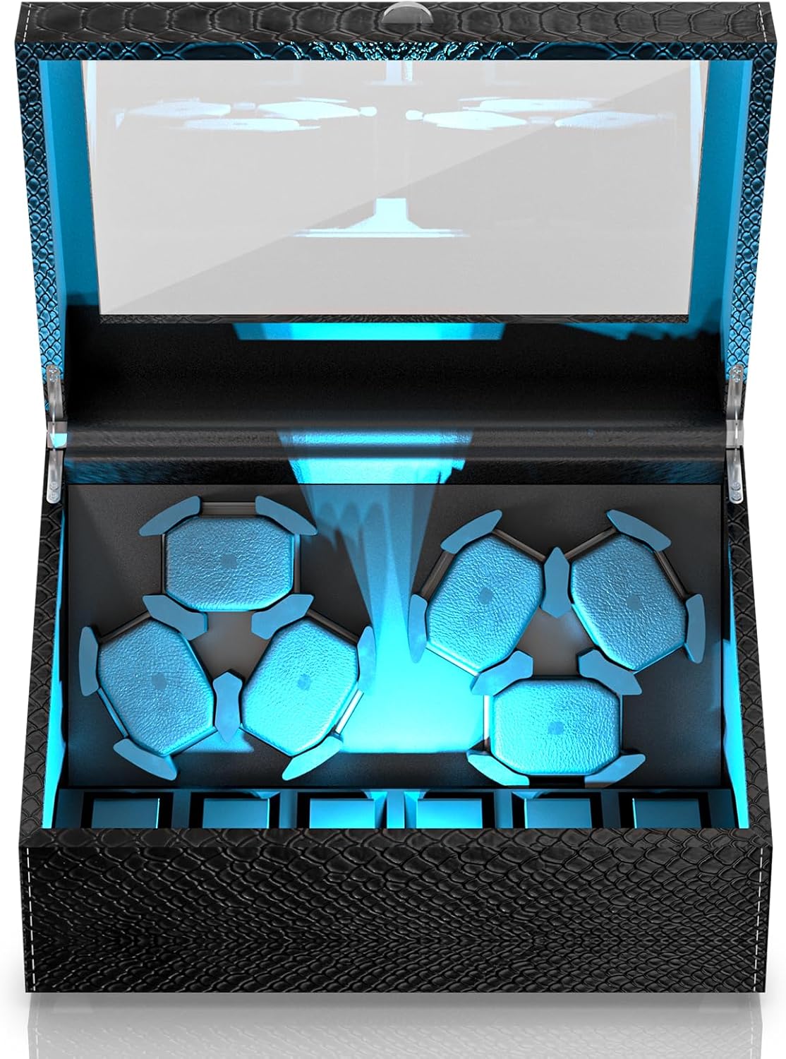 iFregga Watch Winder: 4/6 Mabuchi Winder+6 Storage, Serenity Blue Backlight